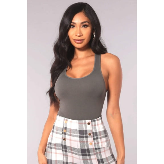 Rib Knit Racerback Fitted Tank Tops - Gray