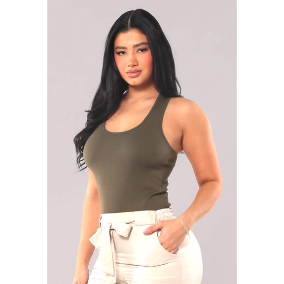Rib Knit Racerback Fitted Tank Tops - Sage