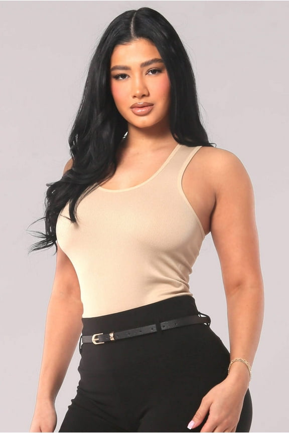 Rib Knit Racerback Fitted Tank Tops - Taupe
