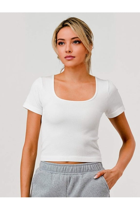 Rib Knit Square Neckline Short Sleeve Tops - White