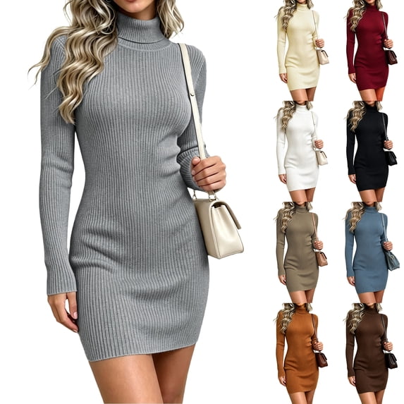 Rib Knit Sweater Dress for Women Long Sleeve Turtleneck Bodycon Mini Dress Fitted Knit Pullover Dress Casual Office Fall Winter