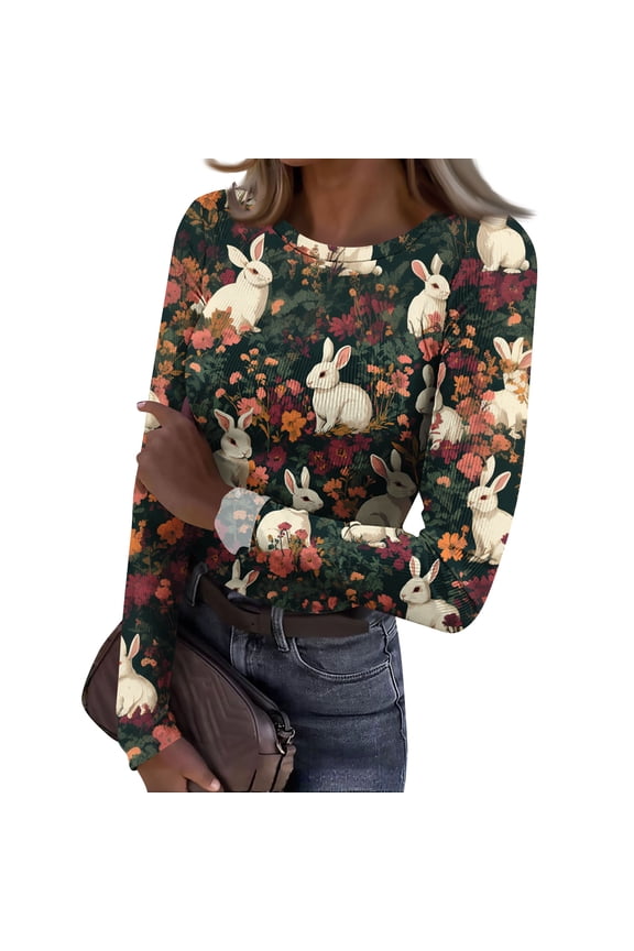 Rib Knit Tops for Women Easter Graphic Easter Eggs Bunny Print Stretch Ribbed Womens Long Sleeve T Shirts Slim Fit Casual Pullover Jumper Tees