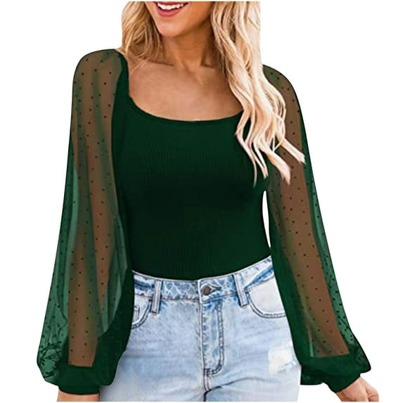 Rib Knit Tops for Women Lace Patchwork Sheer Long Sleeve Blouses Round Neck Tunic Tops Puff Sleeve Slim Fit Dressy Tops Solid Shirts Green,XXL