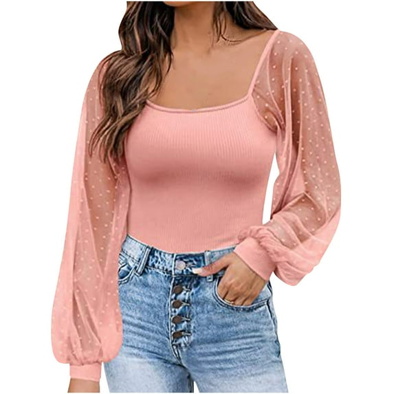 Rib Knit Tops for Women Lace Patchwork Sheer Long Sleeve Blouses Round Neck Tunic Tops Puff Sleeve Slim Fit Dressy Tops Solid Shirts Pink,XL