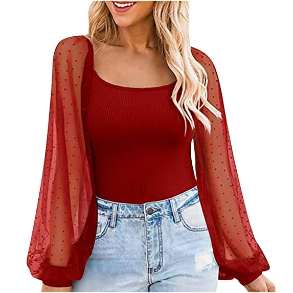 Rib Knit Tops for Women Lace Patchwork Sheer Long Sleeve Blouses Round Neck Tunic Tops Puff Sleeve Slim Fit Dressy Tops Solid Shirts Red,XXL