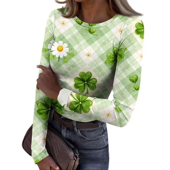 Rib Knit Tops for Women St Patricks Day Stretch Crewneck Shamrock Print Plus Size Ribbed Long Sleeve Shirts Casual Pullover Festive Jumper Tops