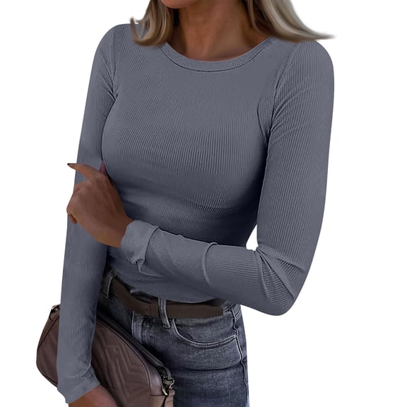 Rib Knit Tops for Women Stretch Crewneck Ribbed Long Sleeve Sweater Shirts Fitted Casual Basic Tees Tops
