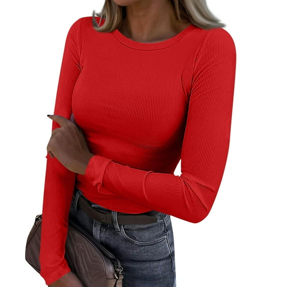 Rib Knit Tops for Women Stretch Crewneck Ribbed Womens Long Sleeve T Shirts Solid Color Fall Casual Pullover Jumper Tops