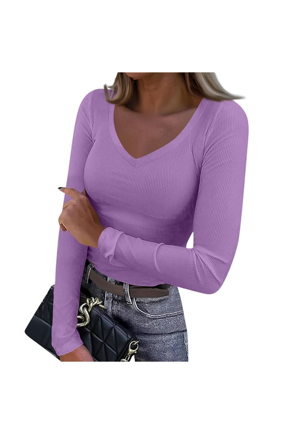 Rib Knit Tops for Women Stretch V Neck Ribbed Long Sleeve T Shirts Solid Basic Fall Casual Pullover Jumper Tops