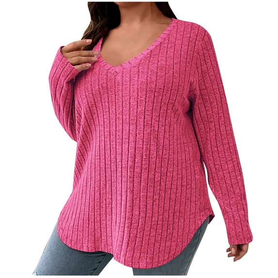 Rib Knitted Tops for Women Long Sleeve V Neck Casual Loose Oversized Tshirts Plus Size Blouses Solid Pullover Shirts Pink,2XL