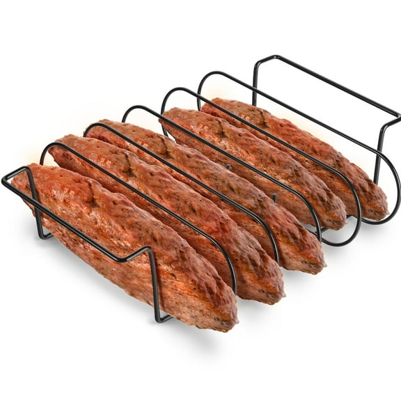 Rib Rack, Non-Stick Metal BBQ Rib Holder, Holds up to 5 Ribs, Rib Grilling Holder, Barbecue Meat Rack for Grilling Gas Smoker or Charcoal Grill
