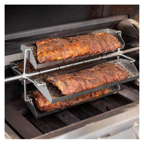 Rib Rotisserie Grill Trays - Universal 4-Tray BBQ Rotisserie Kit - Stainless Steel Rib Rack for Grill - Rotating BBQ Accessories for Ribs, Steaks, Seafood