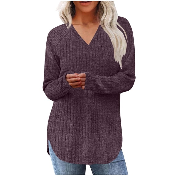 Rib-knit Long Sleeve Tops Womens Solid Color V Neck Tunic Tops Blouses Casual Loose Lightweight Sweaters (L, Purple)
