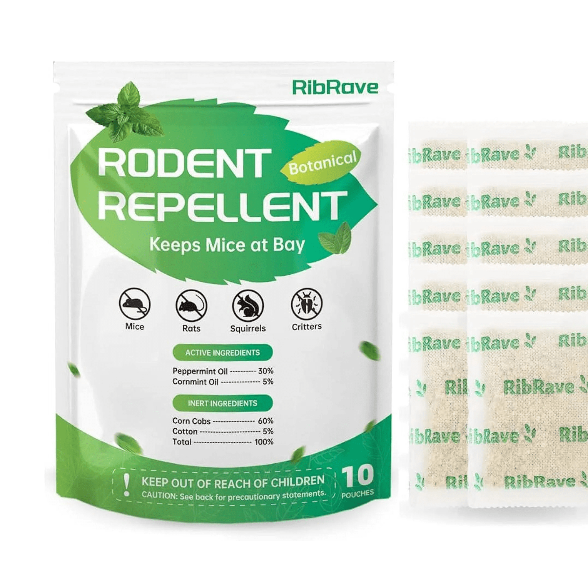 RibRave 10Pack Peppermint Oil Mice Repellent for House Deters Rats, Squirrels & Rodents. Safe