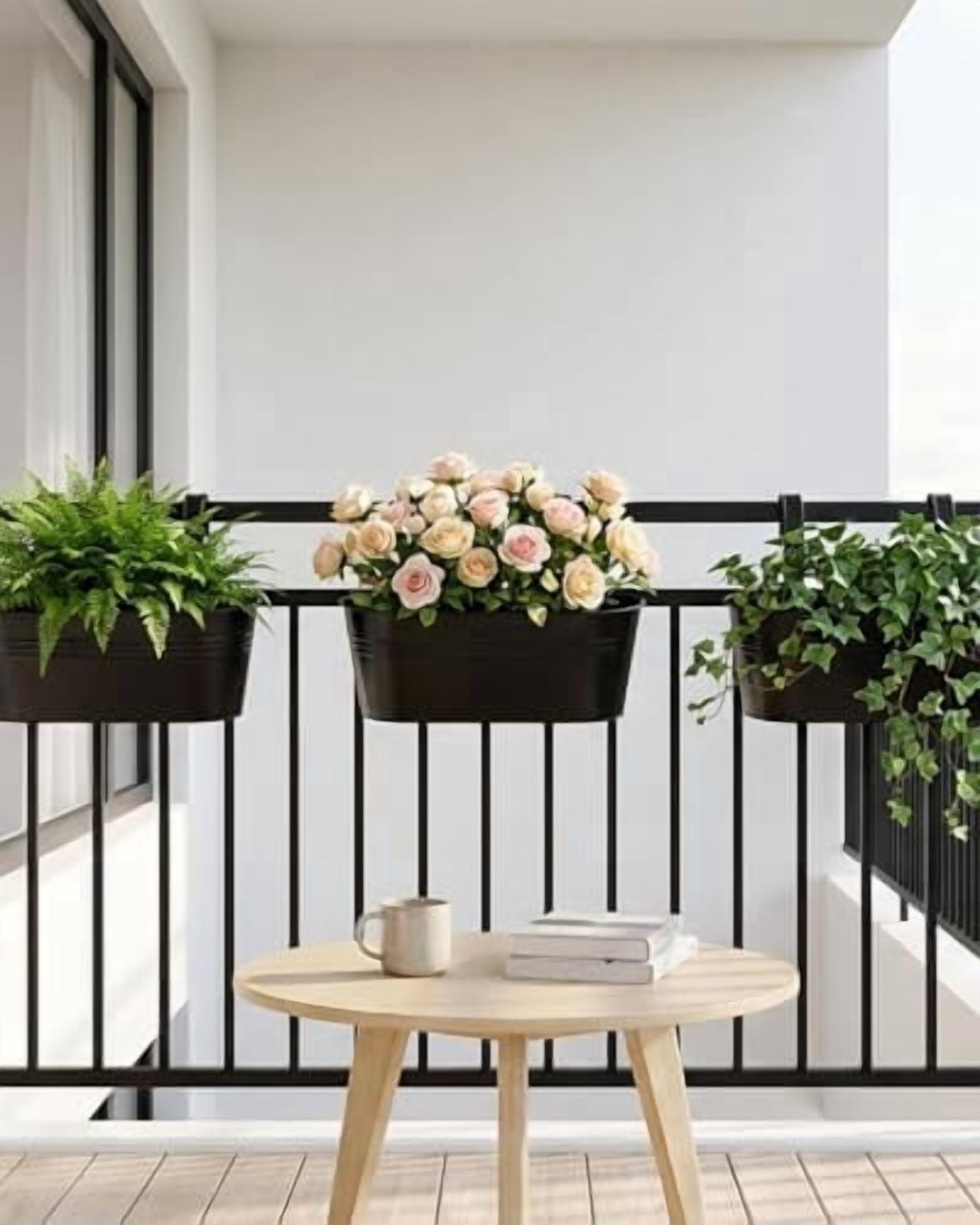 RibRave 16" Metal Railing Planters for Outdoor Plants, 5 Pcs Large Hanging Flower Pots with Detachable Hooks & Drain Holes, Oval Balcony Fence Planter Baskets for Herbs & Succulents, Black
