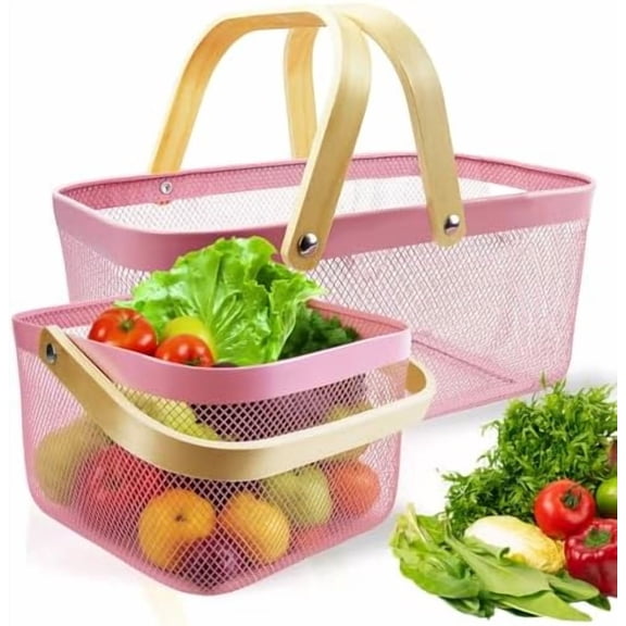 RibRave 2 Pack Picnic Baskets, Metal Mesh Harvest Basket with Foldable Wooden Handle, Rectangle Garden Storage Basket Bin for Vegetable Fruit Garden Kitchen Cabinet Picking Gathering, Pink