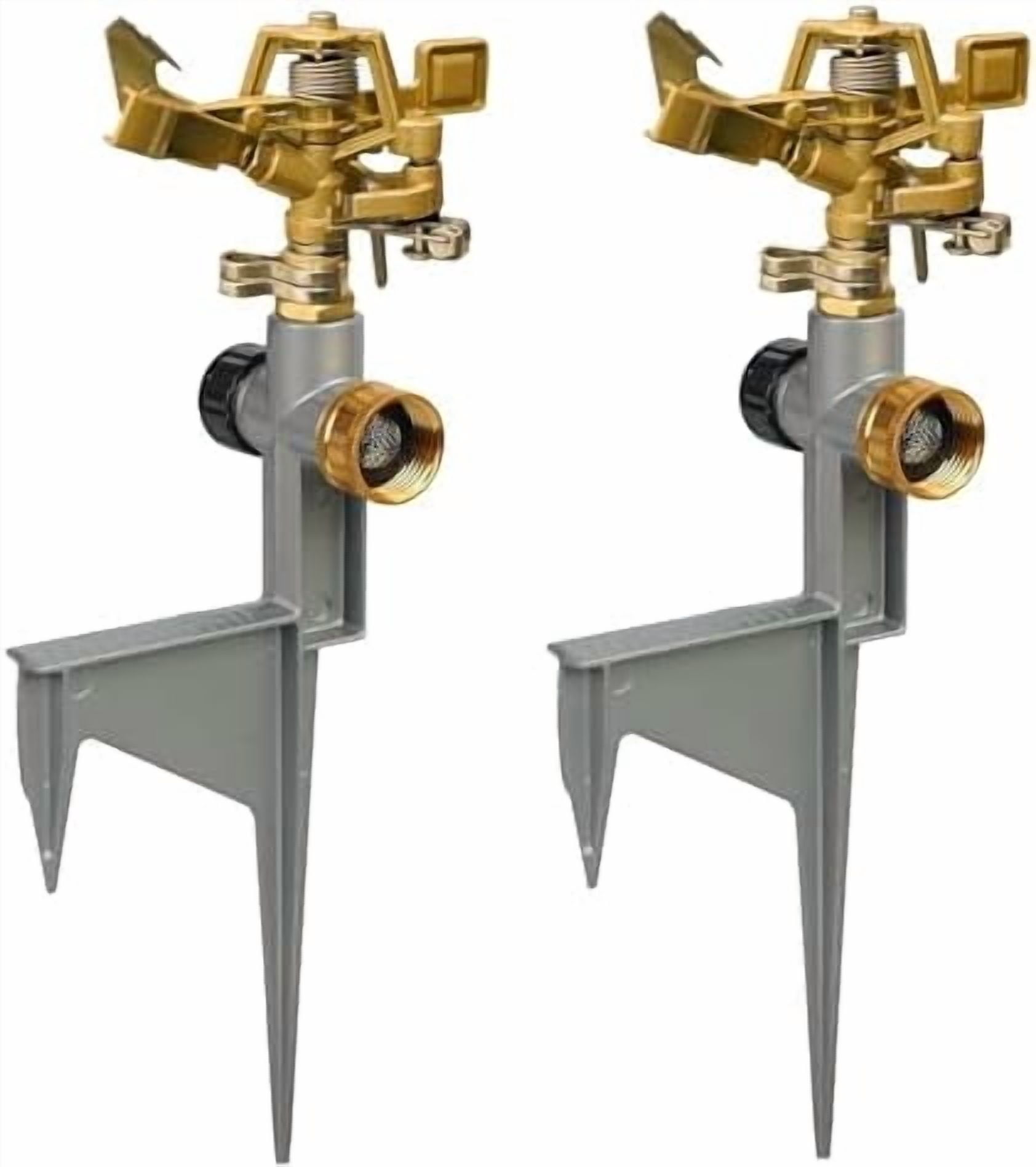 RibRave 2 Pack Zinc Alloy Impact Sprinklers for Yard, Stainless Steel Pulsating Water Sprinkler Head on Spike Base, Adjustable Water Sprinklers for Large Area Patio Lawn Garden Irrigation