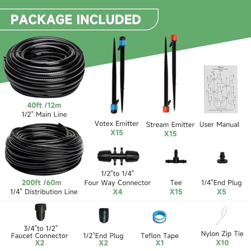 RibRave 240FT Drip Irrigation System Kit, Automatic Garden Watering System for Plant, Greenhouse, Yard, Lawn, with 1/2 inch 1/4 inch Irrigation Tubing Hose and Accessories