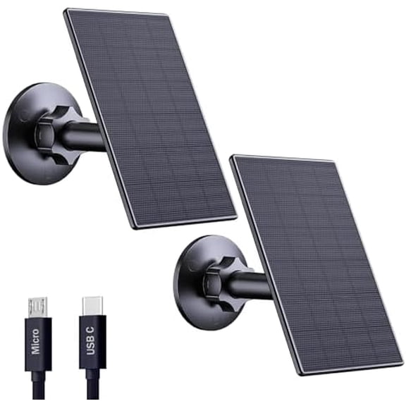 RibRave 2W Solar Panel for Security Cameras, Solar Charger with Micro USB & USB-C Port for Rechargeable Battery Security Camera, 360° Adjustable Mount, Black (2 Pack)