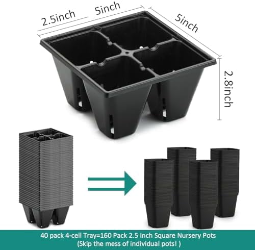 RibRave 40 Pack Reusable 4-Cell Seed Starter Tray for Seedlings, Deep Large Cell Plant Starter Trays with Drainage Holes for Seed Germination, Easy Transplant, Fits Standard 1020 Flats, Black