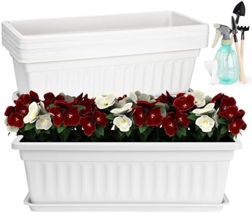 RibRave 6 Pack Window Box Planter, 17 Inches Vegetable Flower Plastic Planter Boxes with Tray, Rectangular Planter Indoor and Outdoor Flower Pots for Windowsill, Patio, Porch, Garden Balcony, White