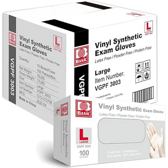 RibRave Basic Medical Clear Vinyl Exam Gloves - Latex-Free & Powder-Free - VGPF-3003 (Case of 1,000), Large