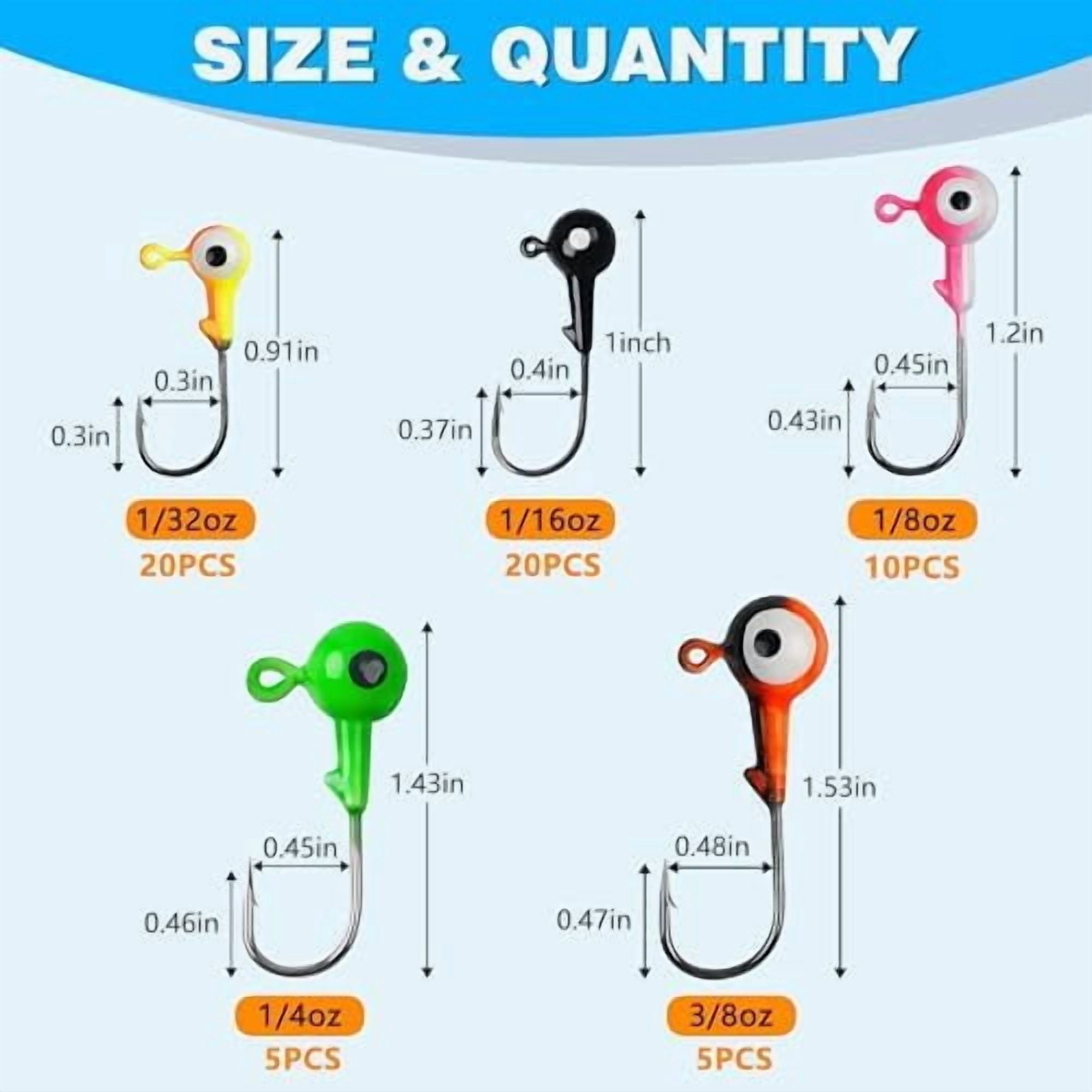 RibRave Fishing Jig Heads Hooks Set, 60pcs Assorted Round Jig Head with 3D Eyes Painted Jig Heads for Crappie Bass Walleye 3/8oz 1/4oz 1/8oz 1/16oz 1/32oz Saltwater Freshwater Fishing Tackle Kit