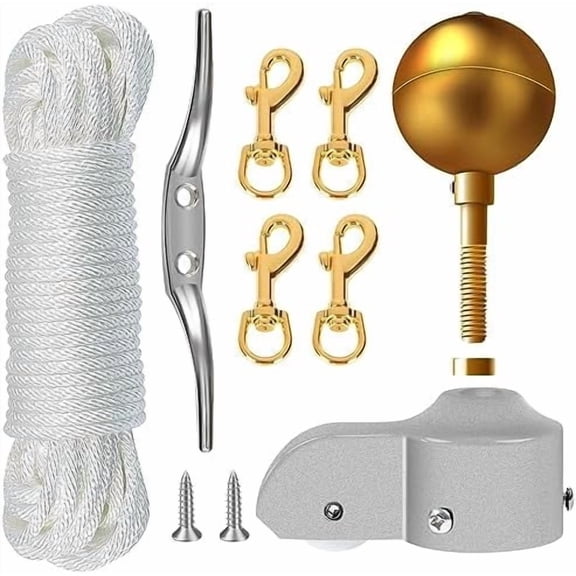 RibRave Flagpole Hardware Repair Parts Kit,50 Feet Halyard Rope+3" Gold Ball+6" Zinc Alloy Cleat + 4 Metal Swivel Snap Clips + Aluminum Alloy Flagpole Truck with Nylon Pulley for 1.6"-2" Flag Poles