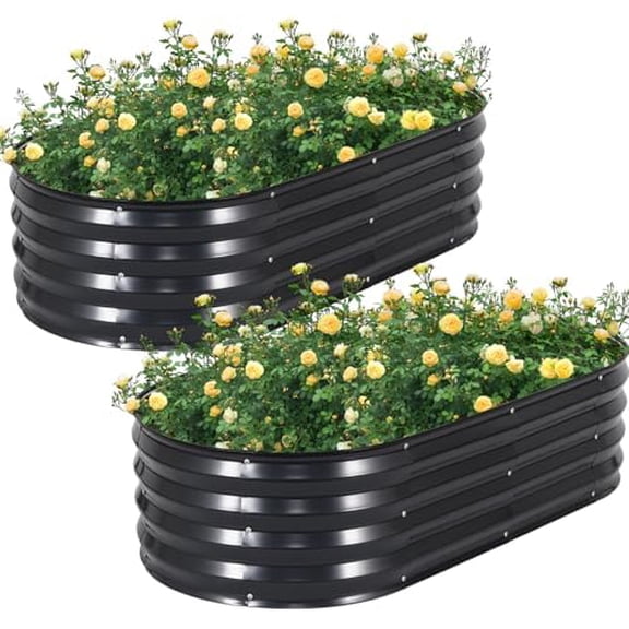 RibRave Galvanized Raised Garden Bed Outdoor, 2Pcs 4x2x1ft Oval Planter Box with Rubber Strip,Metal Raised Bed Kit for Vegetables Flowers Herbs, Grey