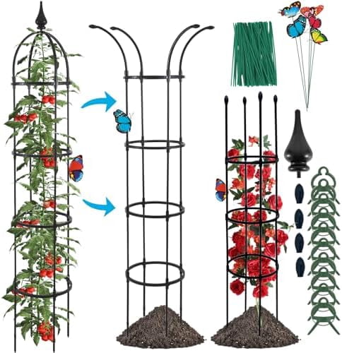 RibRave Garden Obelisk Trellis for Climbing Plants Outdoor, 6.6ft Tall Rustproof Coated Metal Plant Support with Garden Twist Tie for Tomato Cucumber Ivy Vines Rose Potted Plant Trellis 1 Pack
