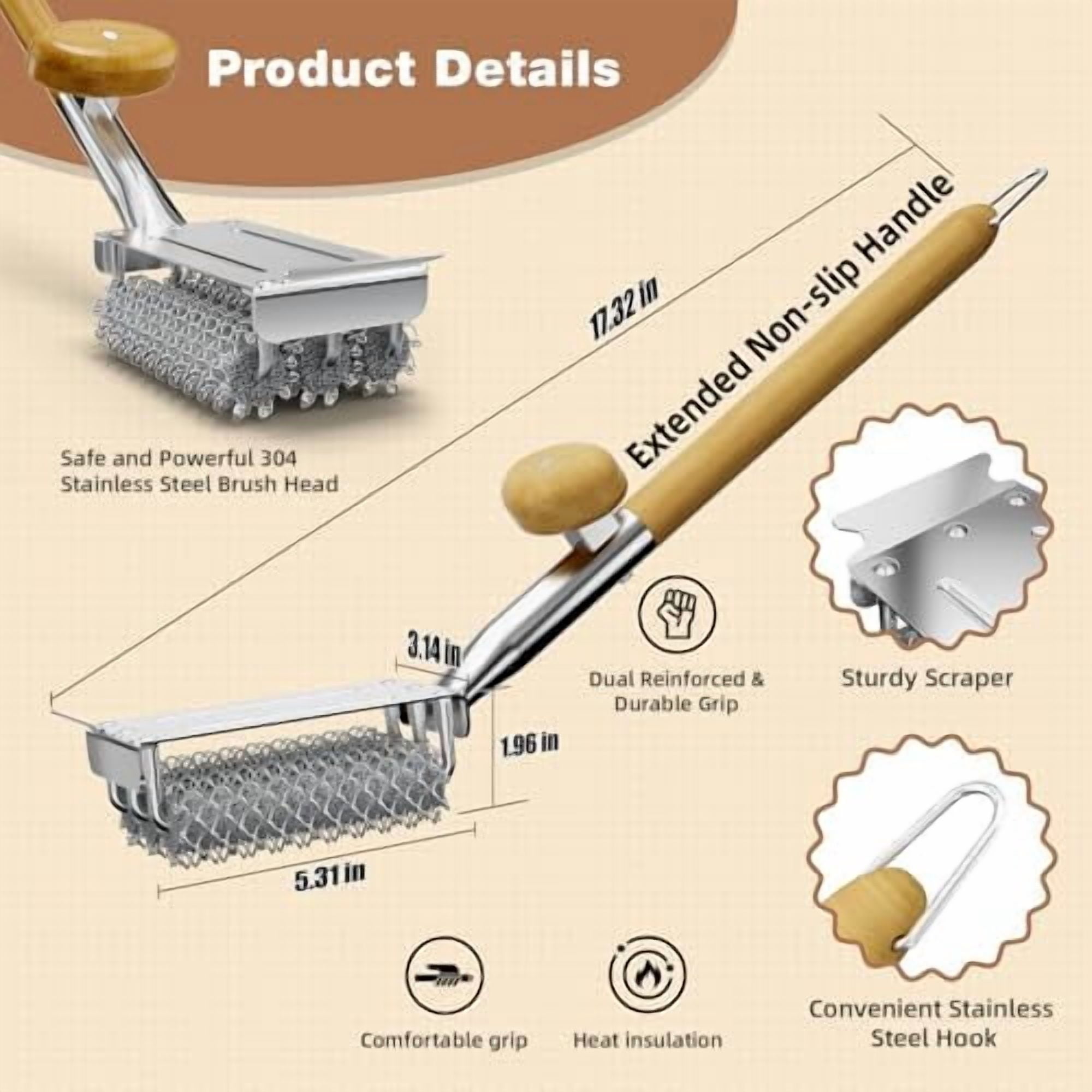 RibRave Grill Brush and Scraper Bristle Free with Dual Grip, 304 Stainless Steel Food-Grade Brush Head, Outdoor Grill Cleaning Brush Safe BBQ Grill Accessories Cleaner for Porcelain/Weber/Charcoal