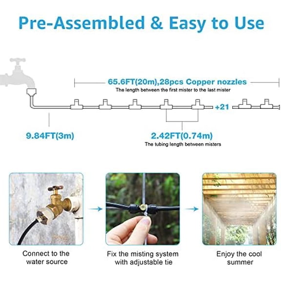 RibRave Misters for Outside Patio - 75FT Misting Cooling System with 28 Brass Nozzles and 3/4" Adapter, 23M DIY Outdoor Misters Kit for Garden, Greenhouse, and Patio Cooling