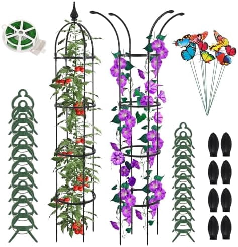 RibRave Obelisk Trellis for Climbing Plants Outdoor 6.6ft, Garden Tower Trellis for Potted Plants Indoor with Twist Tie, Clips and Butterflies Rustproof Coated Metal Support for Vines Rose 2Pack