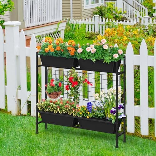 RibRave Raised Garden Bed 32" Tall Elevated Planter Boxes with Trellis & Legs, Vertical Herb Garden Planter Outdoor for Gardening, Vegetables, Flowers, Herbs, Backyard, Black