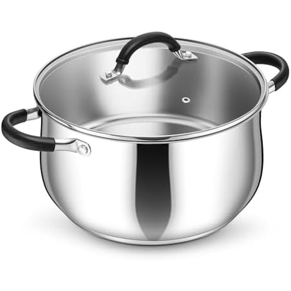 RibRave Stainless Steel Stock Pot, 8 Qt Cooking Soup Pot with Visible Lid for Pasta, Tri-Ply Bottom & Dual Heatproof Handles, For Induction Gas All Stoves, Non-Toxic & Dishwasher Safe