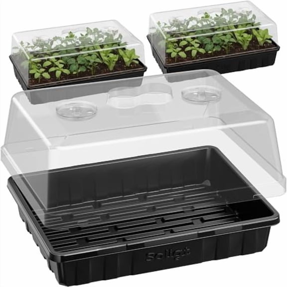 RibRave [Thick Plastic] 3-Set Strong Seed Starter Trays with 5" Humidity Domes for Seed Starting, Germination, Seedling Propagation & Plant Growing, Holds 144 Cells in Total