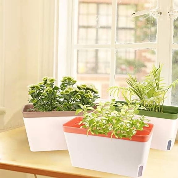 RibRave Windowsill Herb Planter Box Indoor Set of 3, 10.5 Inch Self Watering Planter Pots with Visual Water Level Window, Modern Plastic Plant Pots for Herbs, Vegetables, Succulents Plants