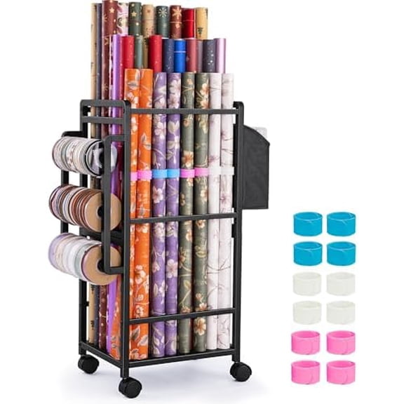 RibRave Wrapping Paper Storage, Rolling Gift Wrap Storage Stand, Vertical Wrapping Paper Organizer Storage Cart, Ribbon Organizers, 12 PCS Slap Bands, 9 Adjustable Rod Design, Black