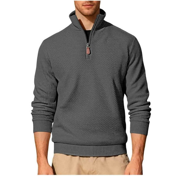 Ribbed 1/4 Zip Pullover Men Long Sleeve Golf Casual Sweatshirts Solid Color Fall Winter Clothes (3XL, Dark Gray)