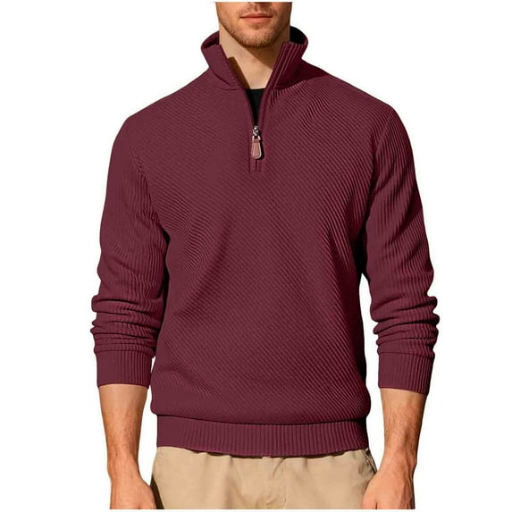 Ribbed 1/4 Zip Pullover Men Long Sleeve Golf Casual Sweatshirts Solid Color Fall Winter Clothes (XL, Wine)