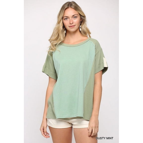Ribbed And Solid Mixed Raw Edge Top Dusty Mint L