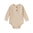 thumbnail image 1 of Ribbed Baby Bodysuits Long Sleeve Cotton Onesies Unisex Solid Color Lightweight Button Down Rompers, Beige, 12 Months, 1 of 3
