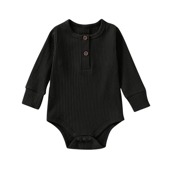 Ribbed Baby Bodysuits Long Sleeve Cotton Onesies Unisex Solid Color Lightweight Button Down Rompers, Black, 3 Months