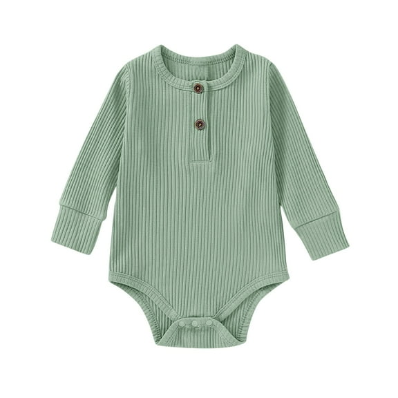 Ribbed Baby Bodysuits Long Sleeve Cotton Onesies Unisex Solid Color Lightweight Button Down Rompers, Green, 6 Months