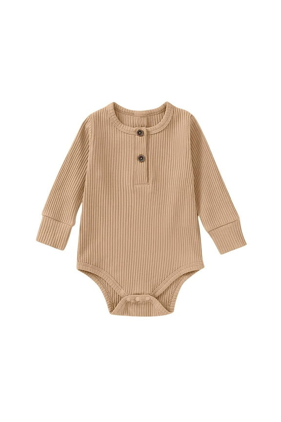 Ribbed Baby Bodysuits Long Sleeve Cotton Onesies Unisex Solid Color Lightweight Button Down Rompers, Khaki, 12 Months