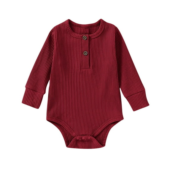Ribbed Baby Bodysuits Long Sleeve Cotton Onesies Unisex Solid Color Lightweight Button Down Rompers, Red, 18 Months
