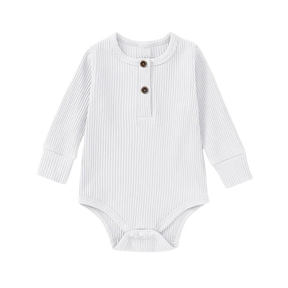 Ribbed Baby Bodysuits Long Sleeve Cotton Onesies Unisex Solid Color Lightweight Button Down Rompers, White, 18 Months