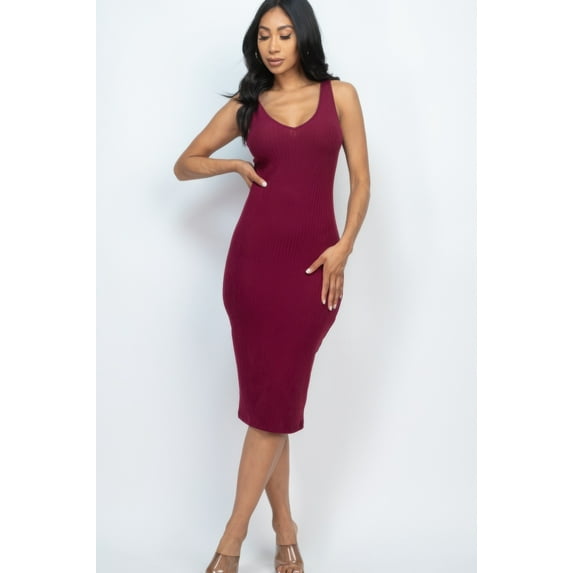 Ribbed Back Slit Bodycon Midi Dress