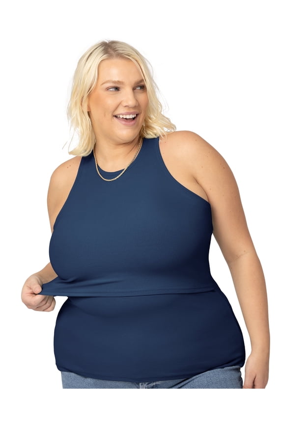 Ribbed Racerback Nursing Tank Top | Women's Sleeveless Breastfeeding Shirt (Navy, Small)