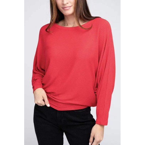 Ribbed Batwing Long Sleeve Boat Neck Sweater